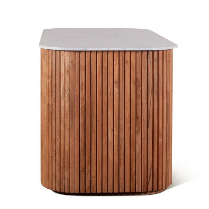 Kensington 68" Kitchen Island in Natural Acacia with White Marble Top - World Interiors