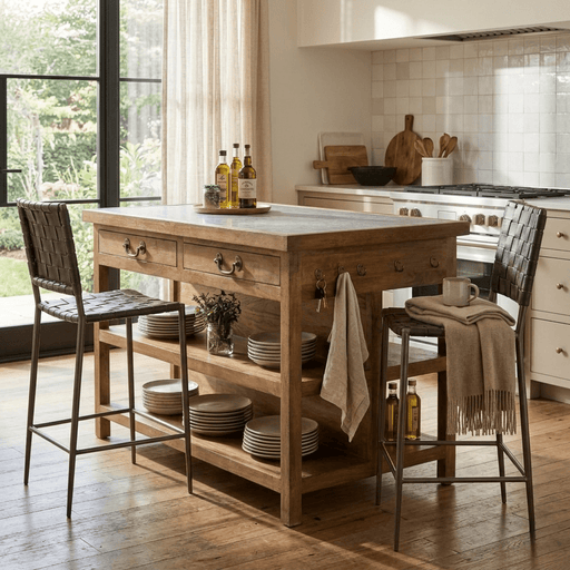 Kensington 68" Kitchen Island in Natural Acacia with White Marble Top - World Interiors