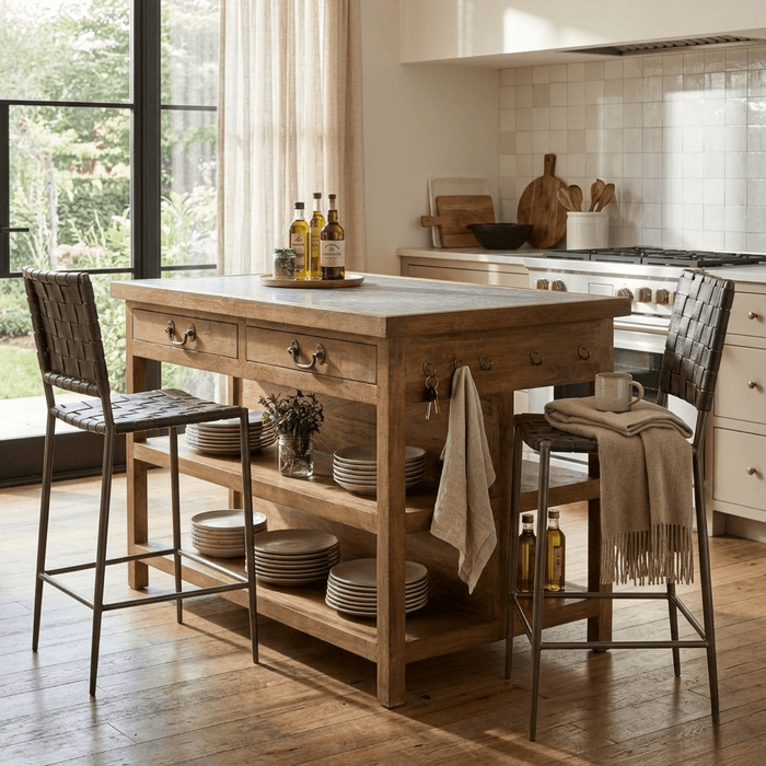 Kensington 68" Kitchen Island in Natural Acacia with White Marble Top - World Interiors