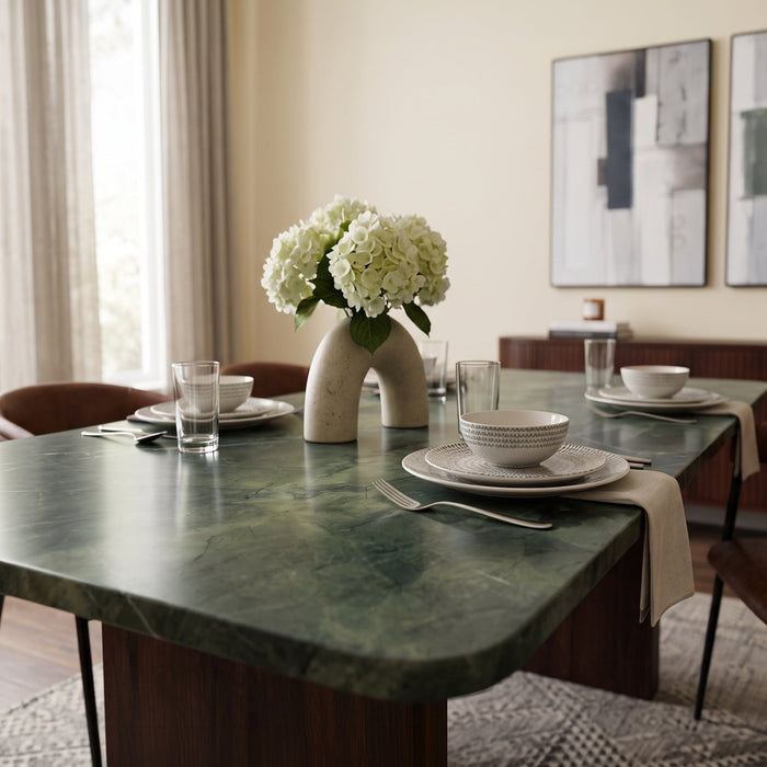Notion 82" Dining Table in Green Marble with a Dark Mango Base - World Interiors