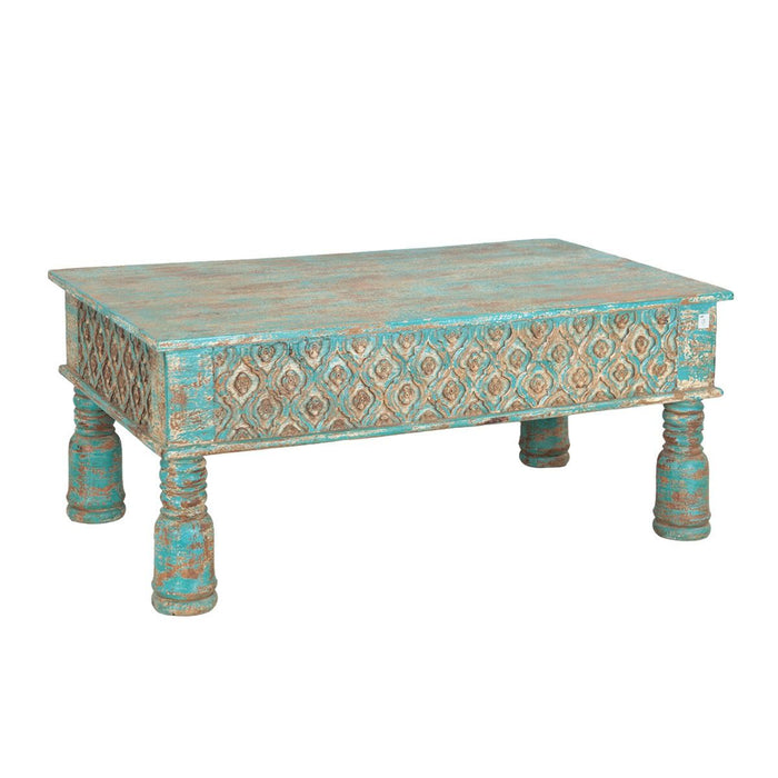 Hand-carved reclaimed wood coffee table with distressed turquoise finish and ogee lattice carved apron on turned baluster legs