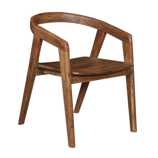 Solid reclaimed teak wood armchair with sweeping curved back rail, open armrests, and angled legs in warm walnut tone