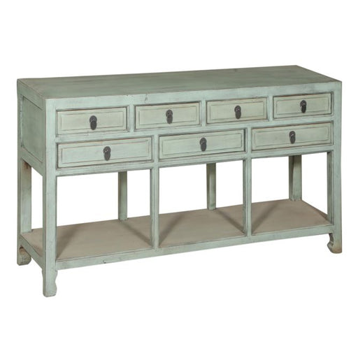 Hand-finished reclaimed solid wood cabinet with seven paneled drawers and open lower shelf in distressed pale blue finish