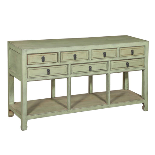 Hand-finished reclaimed solid wood cabinet with seven paneled drawers, antique ring pulls, and open lower shelf in distressed sage green