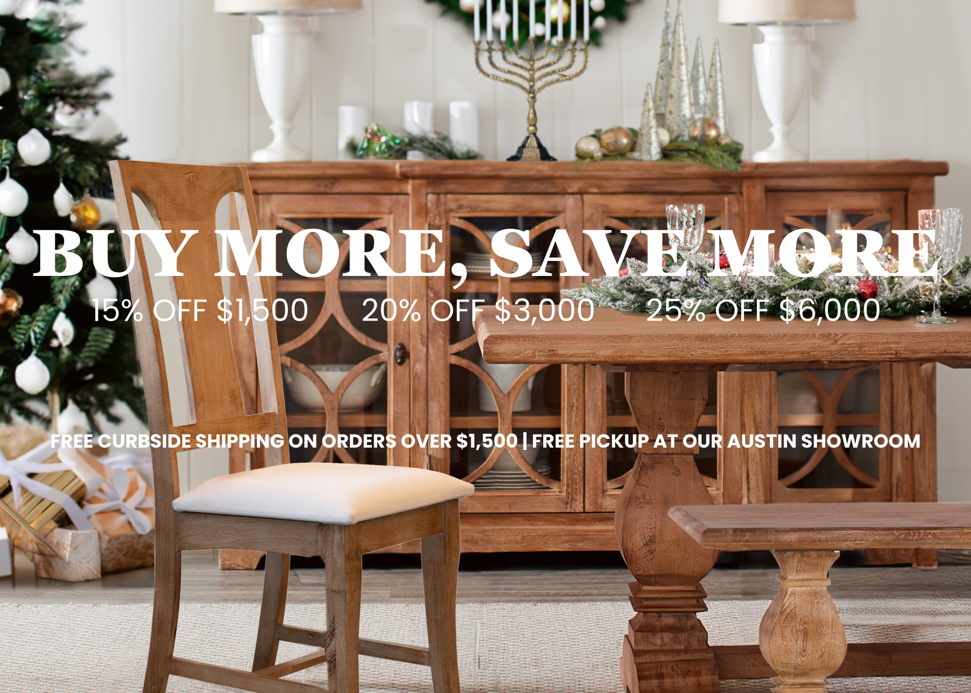 Dining room set with wooden table and chairs, Christmas decorations, and promotional text overlay.