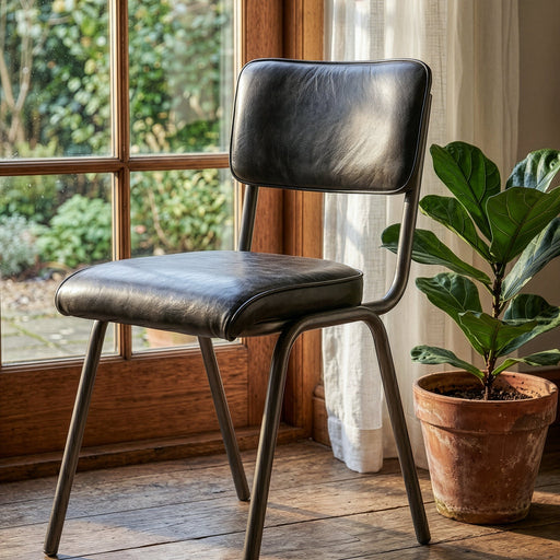 William 17" Ebony Leather and Iron Dining Chair - World Interiors