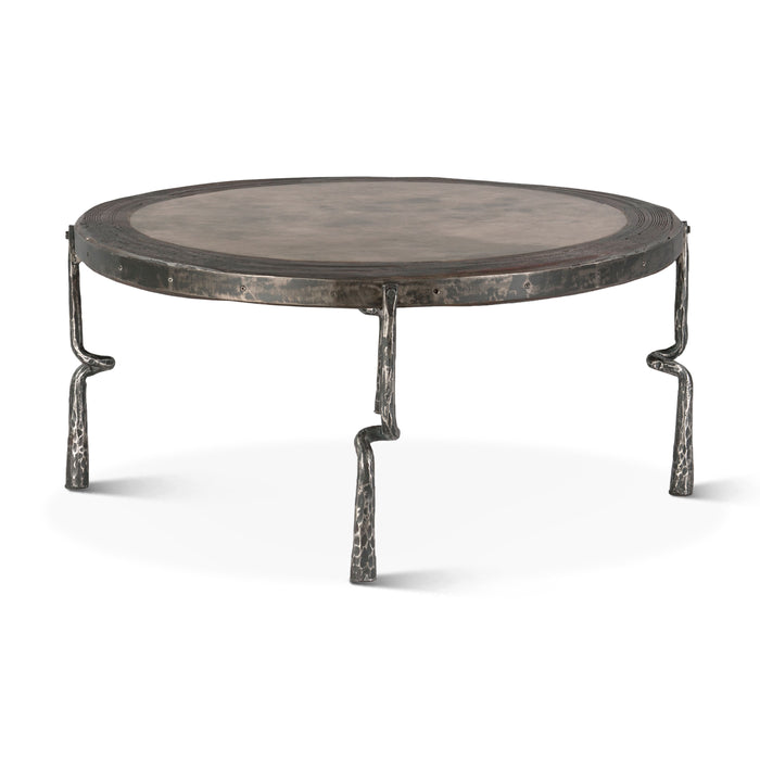 Rustic Revival Industrial Wagon Wheel Coffee Table with Marble Inlay - World Interiors
