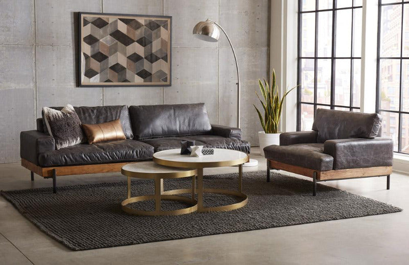 Leonardo Nesting Circular Coffee Tables Chiavari Distressed Ebony Leather Sofa & Armchair - World Interiors