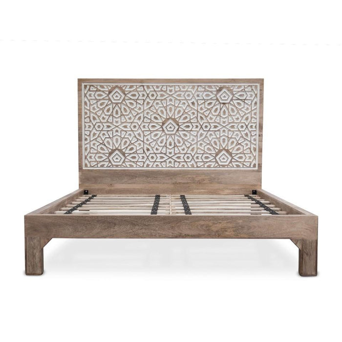 Haveli Mango Wood Geometric Carved King Bed - World Interiors