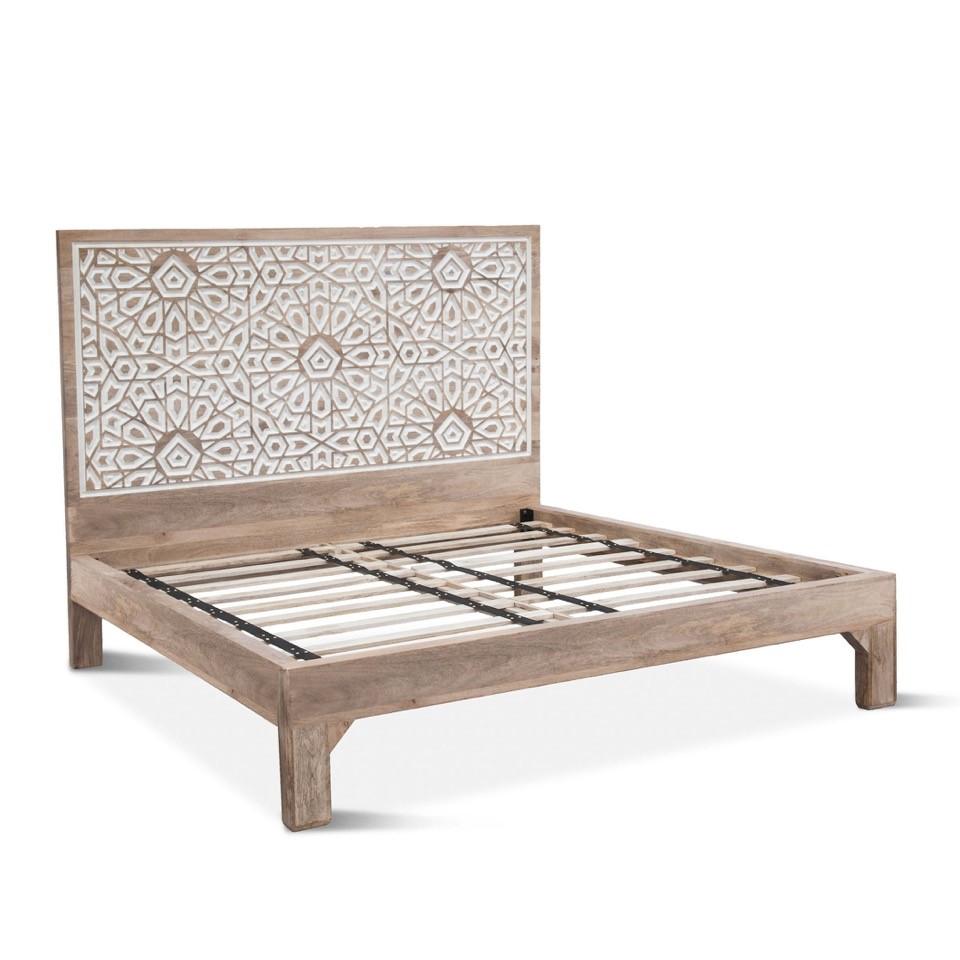 Haveli Mango Wood Geometric Carved Bed — World Interiors